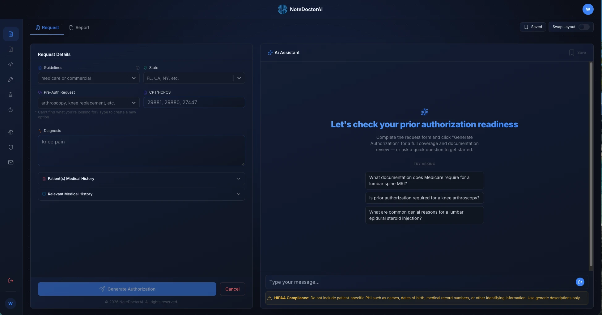 AI assistant with guided starter questions