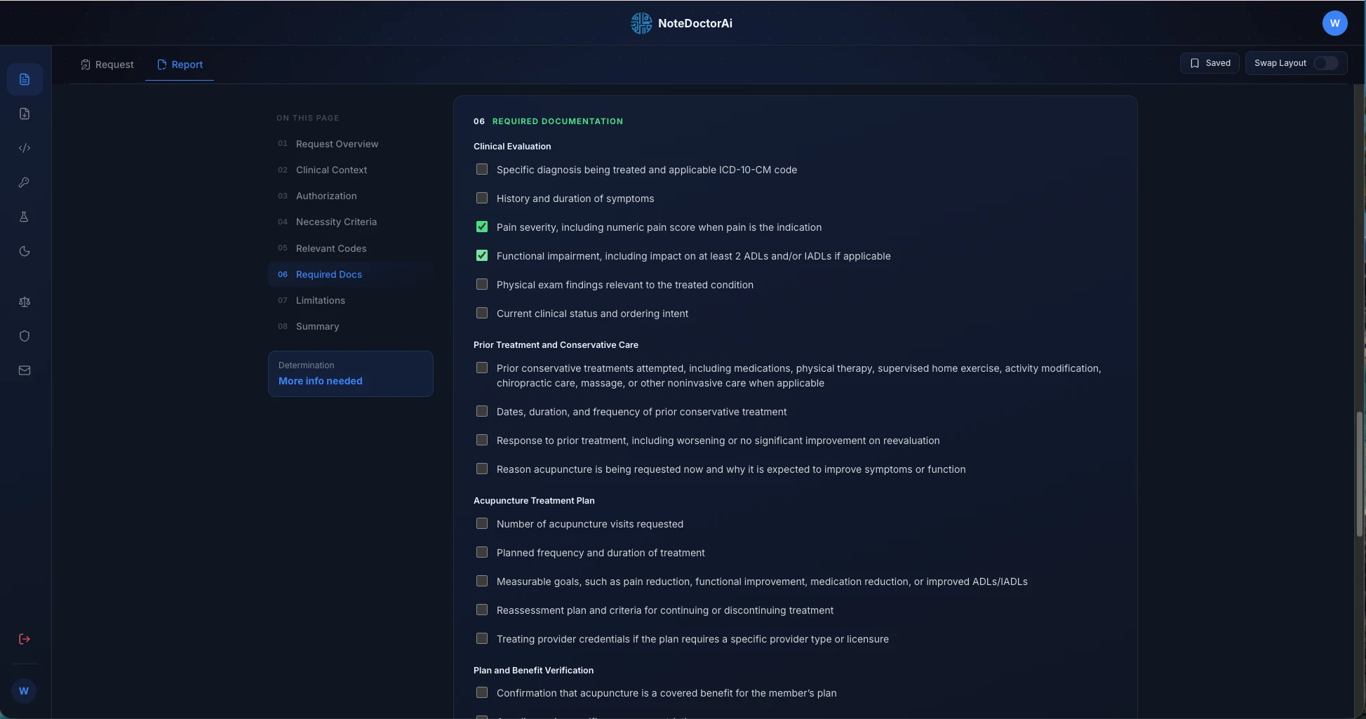 Report view: required-documentation checklist and determination