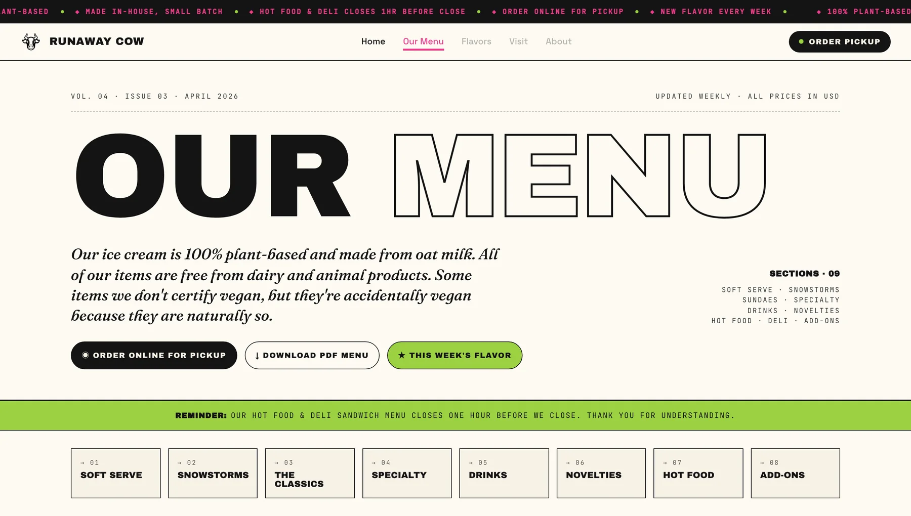 Menu header and section links
