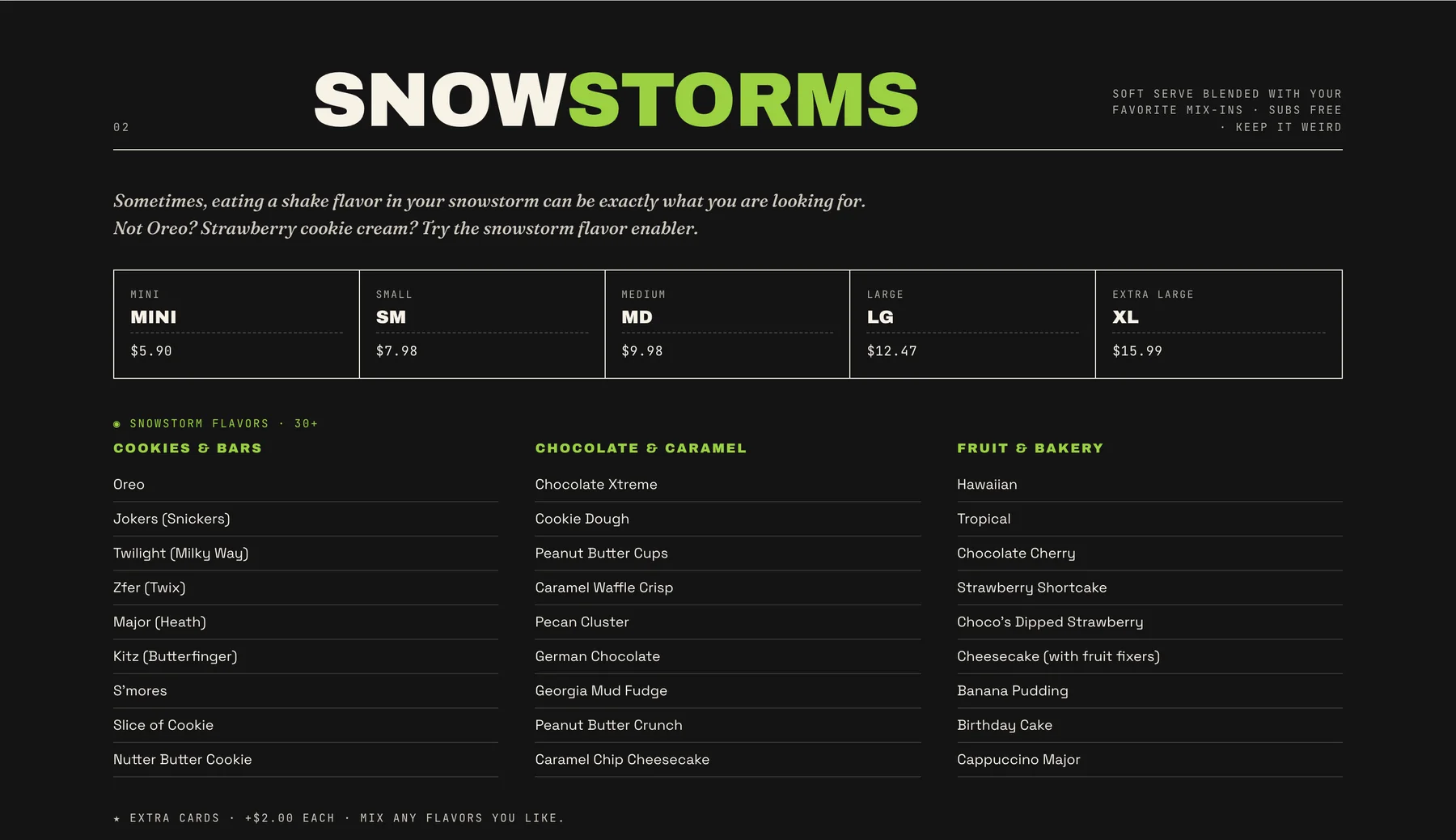Snowstorms: sizes and flavors as text