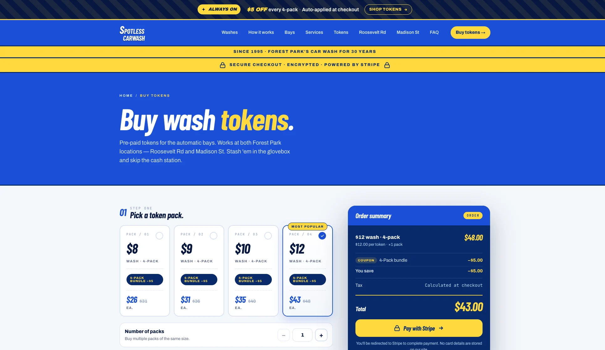 Wash-token checkout with Stripe