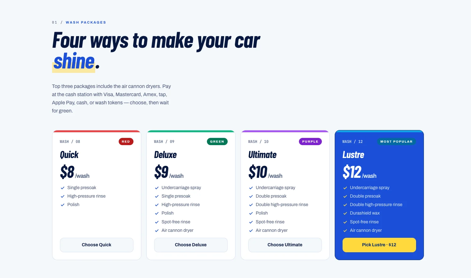 Four color-coded wash packages
