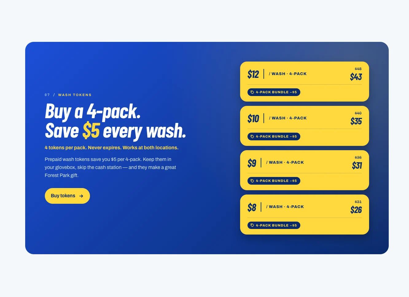 Token 4-packs: save $5 every wash
